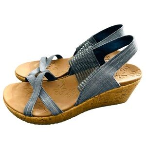 Skechers! NWOT. Blue Wedge Womens Size 10 Comfort Elastic Straps Cork Heel